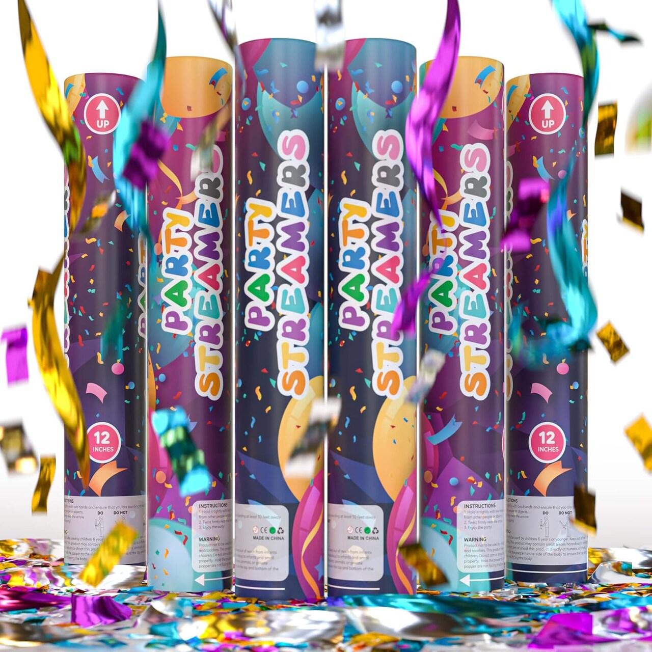 6-Pack Multicolor Streamer Confetti Cannons 12in Party Decorations